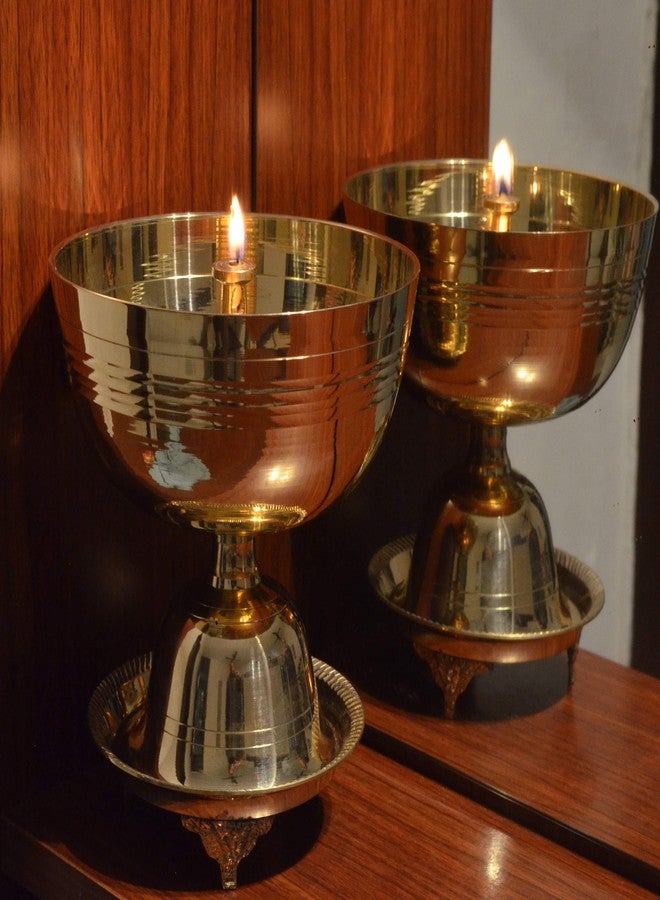 Tangerine Akhand Jyoti Diya with Stand || Brass Traditional Oil Lamp for Pooja at Tamples , Home, Office & Hotel (Diameter- 6 inch) - Image 2